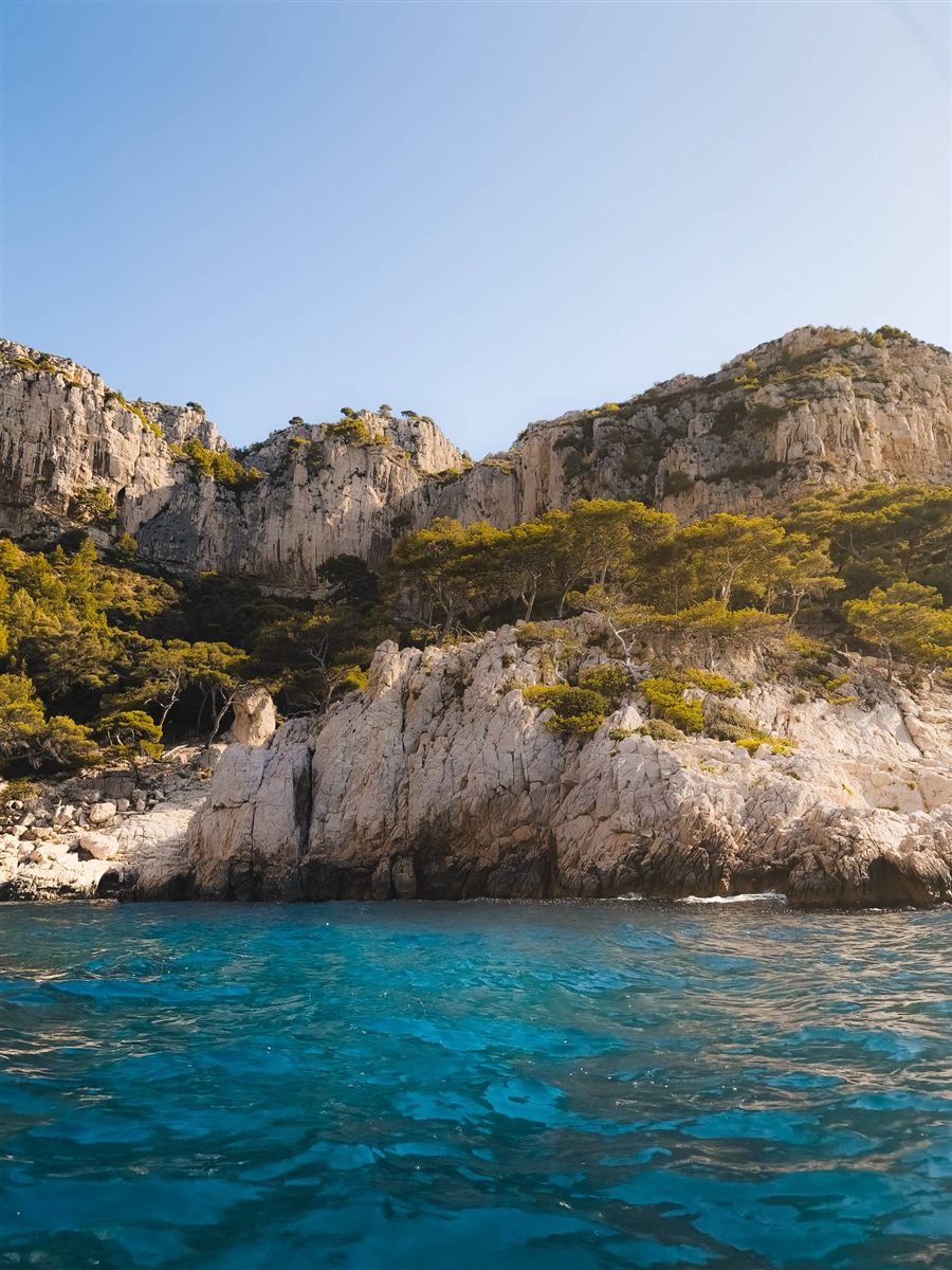 White limestone cliffs over clear blue water