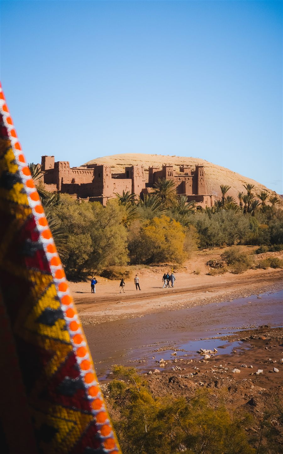 Earthen kasbah above a river in Morocco